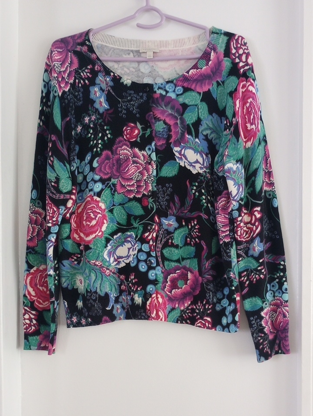 Talbots Cotton Floral Crewneck Cardigan Sweater Pink Purple Green Large Petite